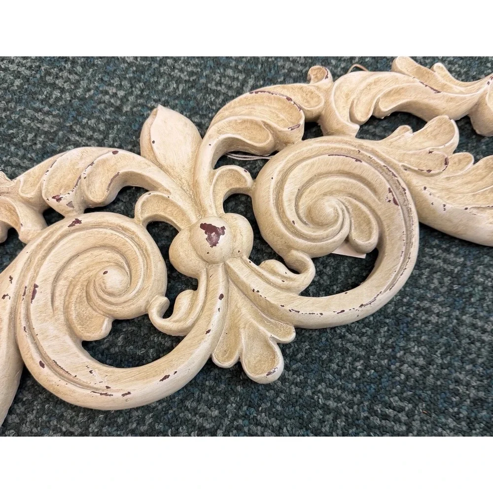 Vtg Cottage Core Ivory Wood Scroll Pediment Wall Decor Ornate Carved Applique
